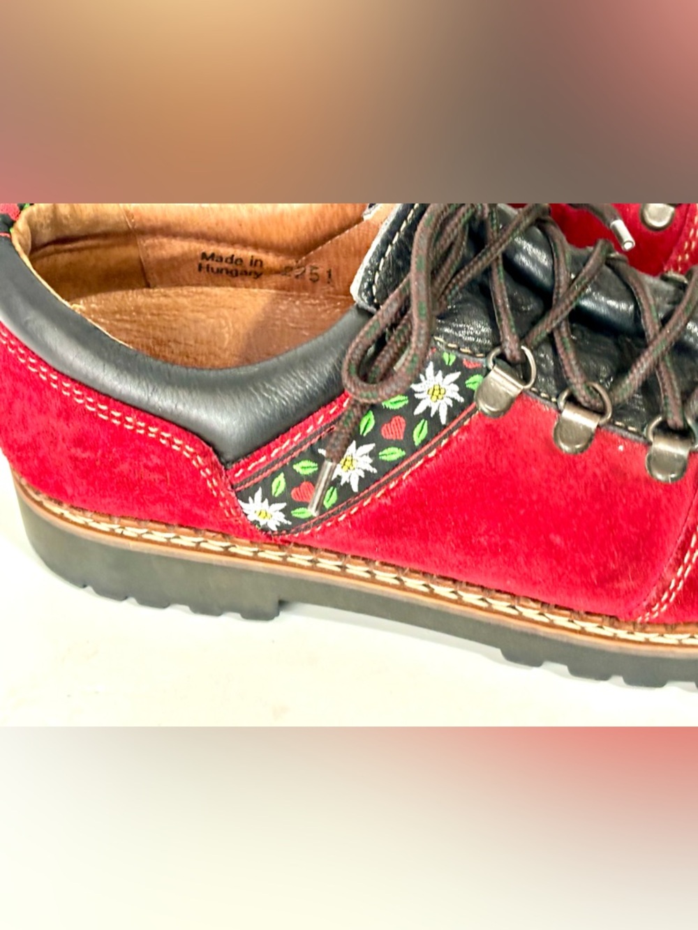Vintage Hiking Boots  - Josef Seibel - Cherry Red Suede w Leather & Folk Trim - Picture 4 of 10